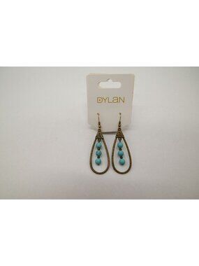 NWT Dylan Jewelry Sherri Turquoise Brassy Tone Dangle Earrings Teardrop Beaded